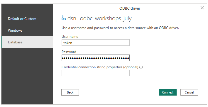 ODBC, Enter credentials